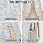 Floral Backpack 3Pcs Set For Women Quilted Backpack Coquette Pleasing Kawaii Rucksack Cute Preppy Daypack (Blue)