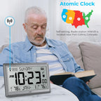 Atomic Wall Clock With Indoor Outdoor Temperature, 10.5 Inch Digital Wall Clock Battery Operated, Dst, 12/24 Hour For Living Room Bedroom (Silver)