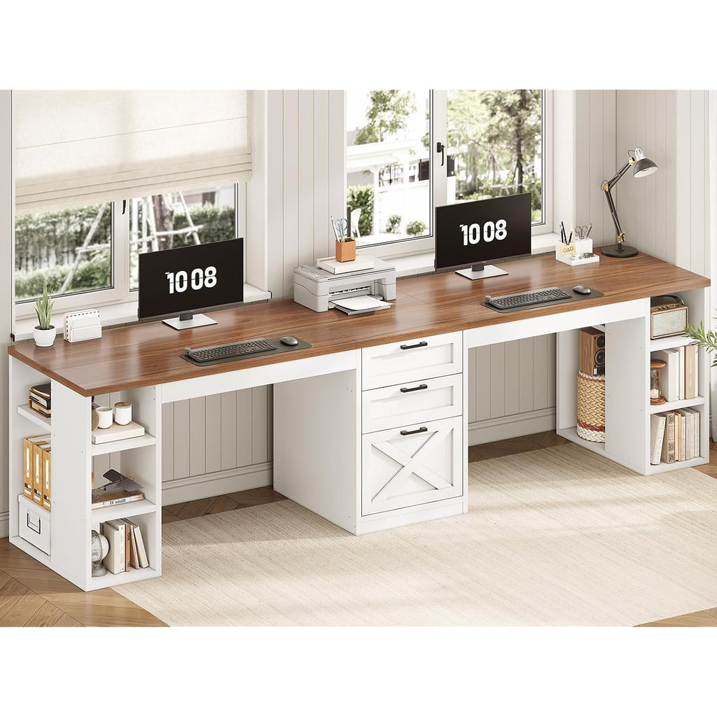 Sedeta Farmhouse 96.5" Computer Desk With Drawers, 2 Person Home Office Desk, Gaming Double Desk With Storage Shelves, Long Two Person Writing Desk (White And Brown)