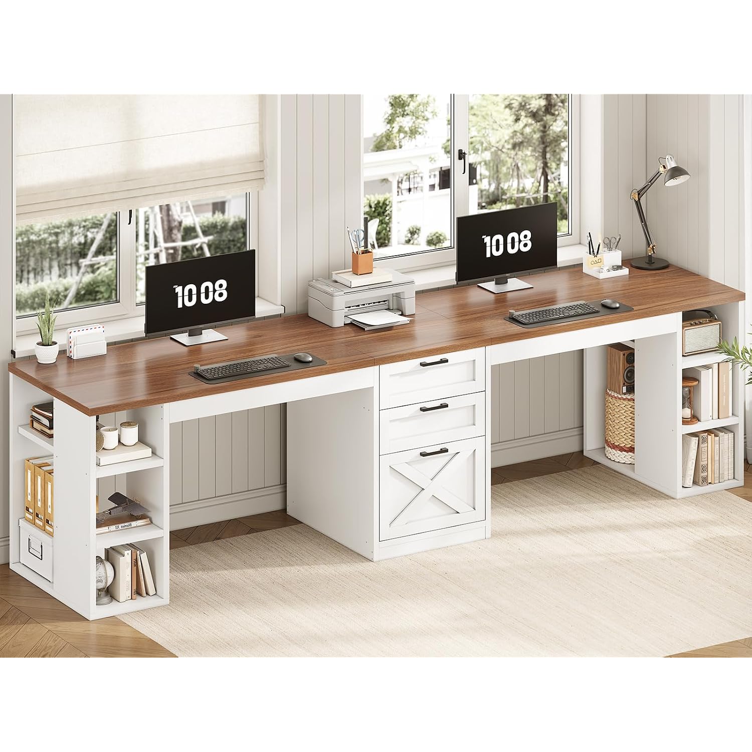 Sedeta Farmhouse 96.5" Computer Desk With Drawers, 2 Person Home Office Desk, Gaming Double Desk With Storage Shelves, Long Two Person Writing Desk (White And Brown)