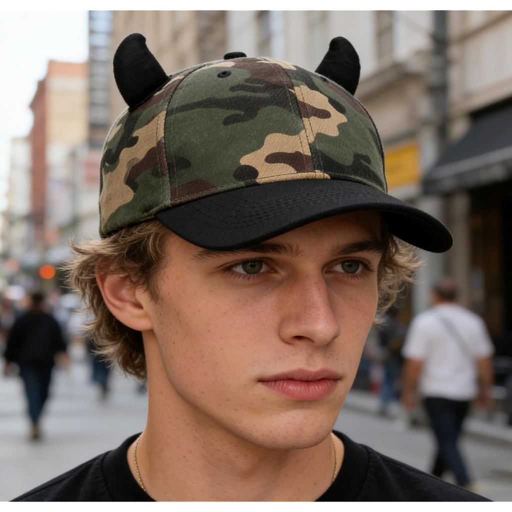 Unisex Camouflage Baseball Cap Outdoor Adjustable Devil Horn Trucker Hat for Halloween Cosplay Party Camouflage