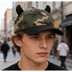 Unisex Camouflage Baseball Cap Outdoor Adjustable Devil Horn Trucker Hat for Halloween Cosplay Party Camouflage