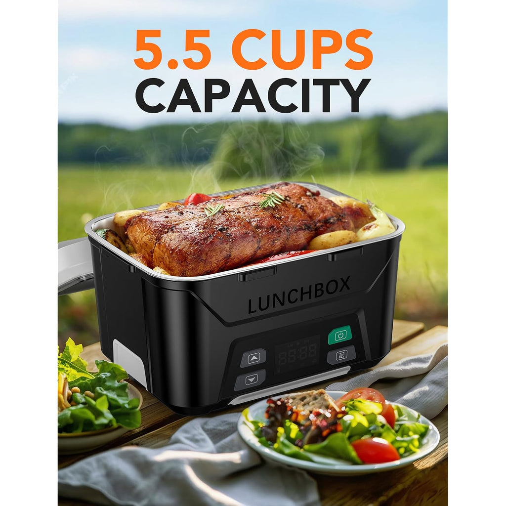 East Oak Cordless Electric Lunch Box For Adults, Heated Lunch Box Battery Powered With Automatic Heating, 5.5 Cups Portable Food Warmer With Removable Tray Divider