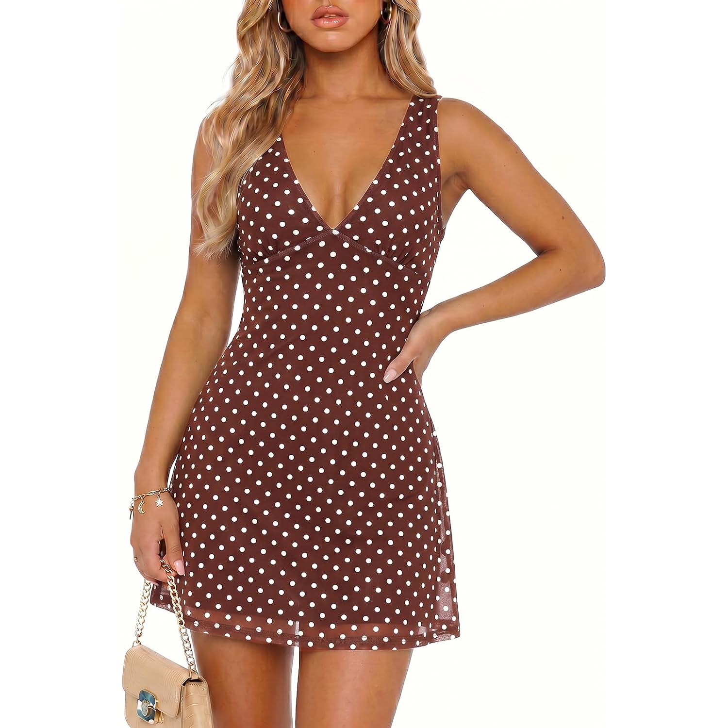Wenrine Womens Summer Polka Dot Mini Dress Mesh Sexy V Neck Sleeveless Party Going Out Club A Line Short Dresses