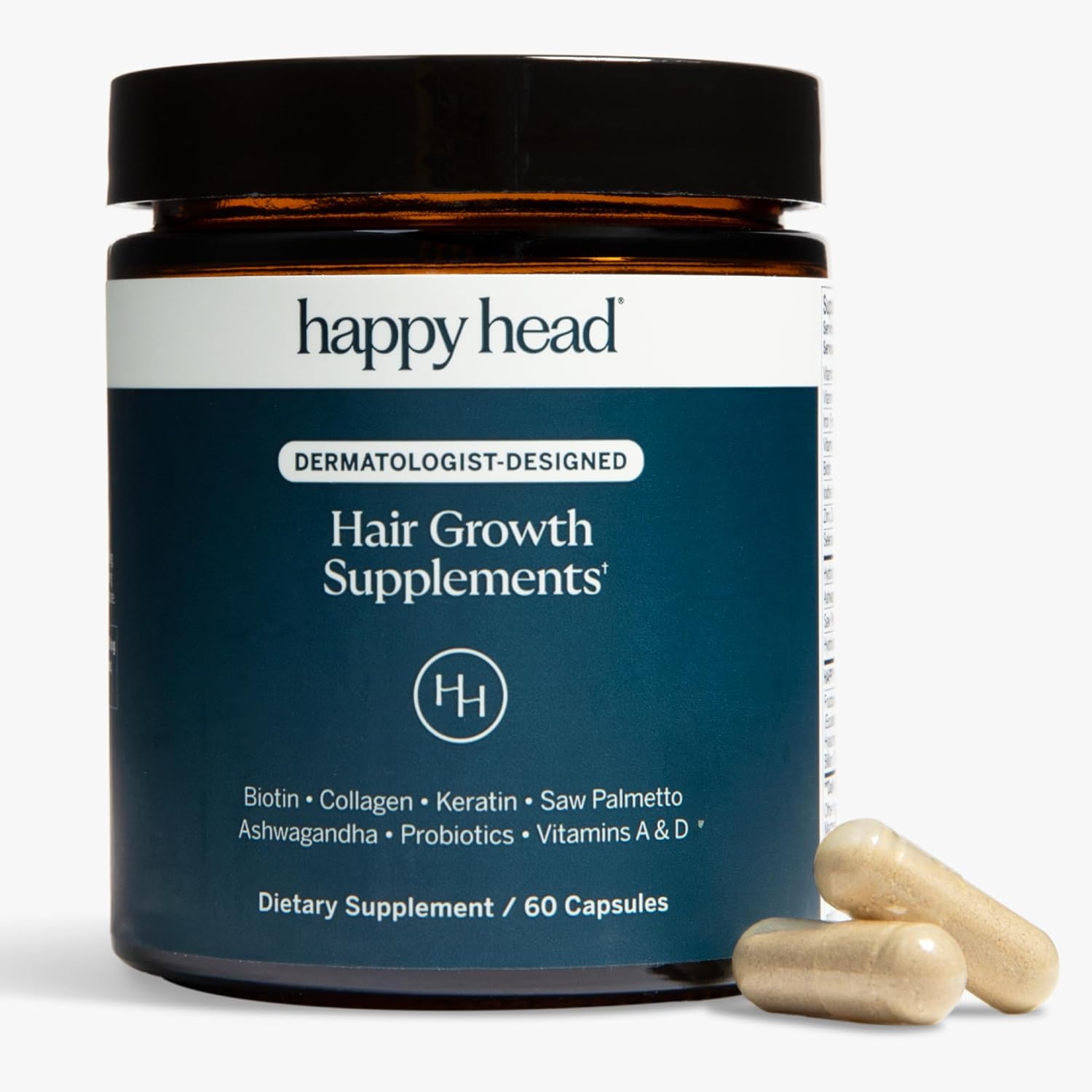 Happy Head Hair Supplement Capsules for Men & Women with Biotin, Collagen, Keratin, Ashwagandha, Vitamins D, Vitamin A, & Saw Palmetto, Daily Hair Care Support Formula, 1 Month Supply, 60 Capsules