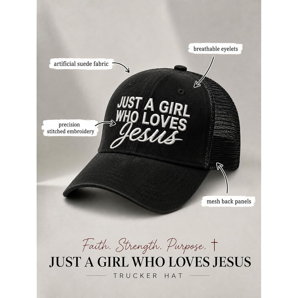 Christian Hat for Men Women - Premium Embroidered Faith Baseball Cap - Religious Jesus Gifts, Mesh Back Trucker Hats Just a Girl Who Loves Jesus-black