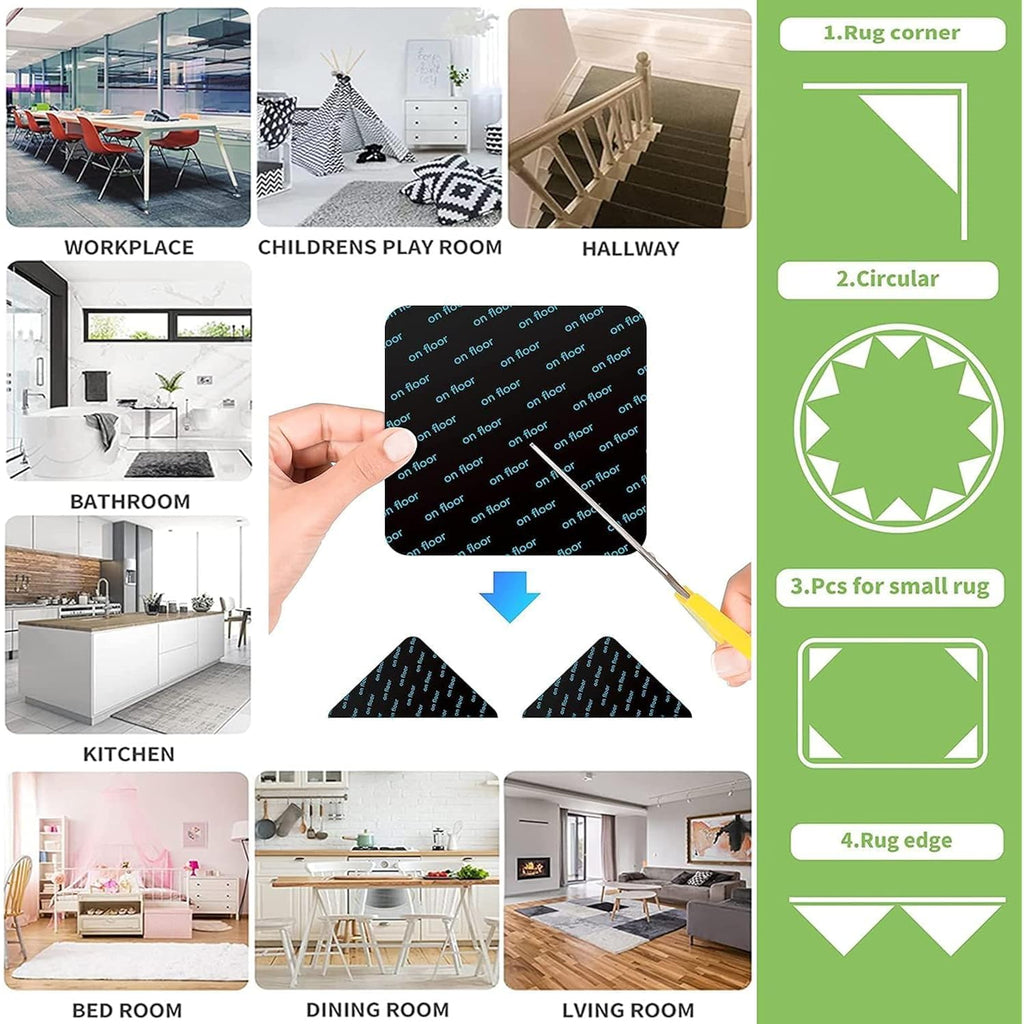 16 PCS Grippers of Rug Pad, Non-Slip Carpet Gripper for Hardwood Floors and Tile, Reusable and Washable Area Carpet Tape, Double-Sided Adhesive Pads, Keeps Corners Flat