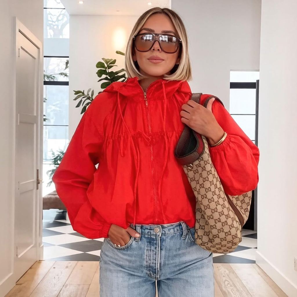 Xunger Women'S Gathered Hooded Jacket Casual Loose Fit Bow Detail Coat Drawstring Hem Long Sleeve Outerwear With Pockets