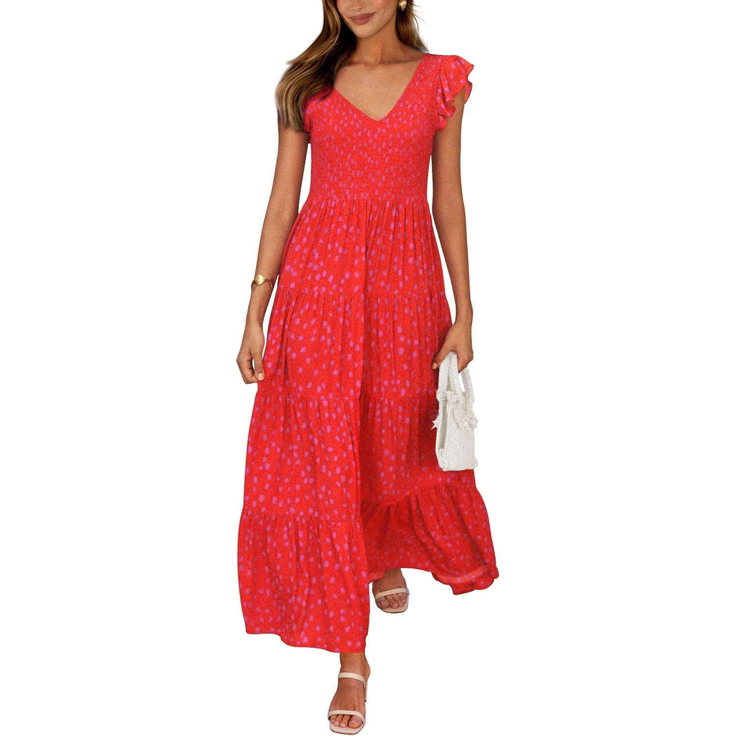 Prettygarden Women'S Summer Flowy Maxi Dress Casual Cap Sleeve V Neck Smocked Beach Sundress