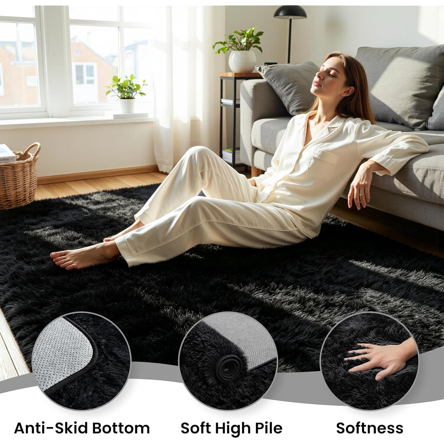 8X10 Area Rug For Living Room, Ultra Soft Fluffy Black Rugs For Bedroom, Non Slip Large Shag Carpet, Fuzzy Plush Nursery Rug, Thick Washable Indoor Floor Carpets For Kids Office Dorm Home Decor