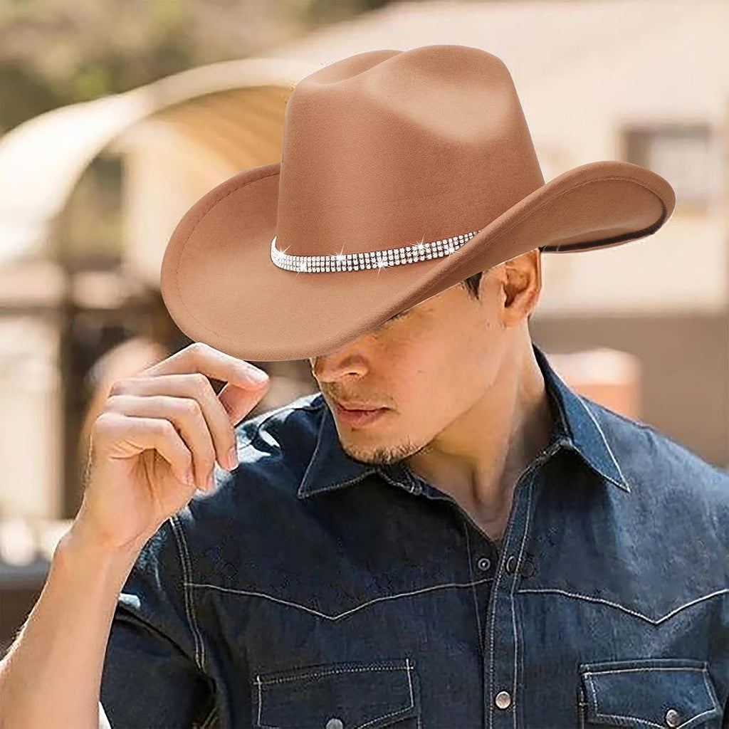 Western Cowboy Hats for Women Classic Felt Wide Brim Fedora Hat with Belt Buckle Retro Panama Hat Unisex Rolled up Cap 1 Pack : Khaki With 3 Rhinestones Bands