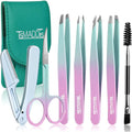 TsMADDTs 7 pcs Tweezers for Women Facial Hair, Precision Tweezer Set for Eyebrows with Curved Scissor and Eyebrow Razor for Ingrown Hair