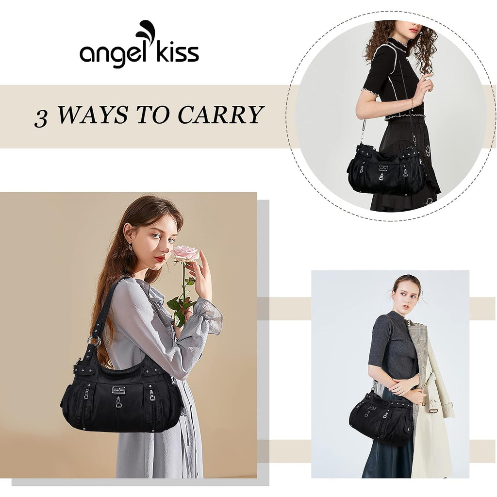 Angel Kiss Large Purses And Handbags For Women Washed Faux Leather Crossbody Hobo Satchel Shoulder Handbag Tote Purse
