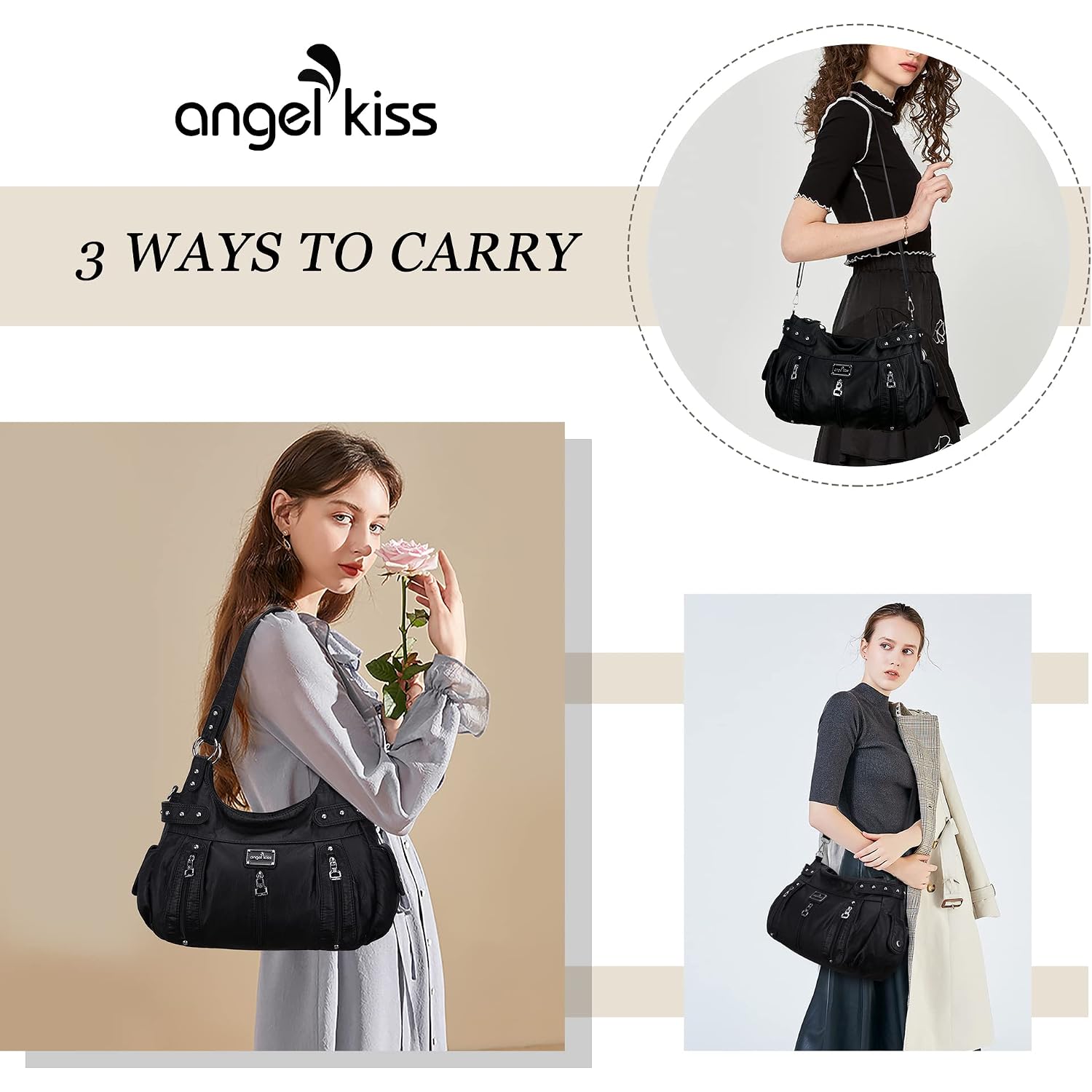 Angel Kiss Large Purses And Handbags For Women Washed Faux Leather Crossbody Hobo Satchel Shoulder Handbag Tote Purse