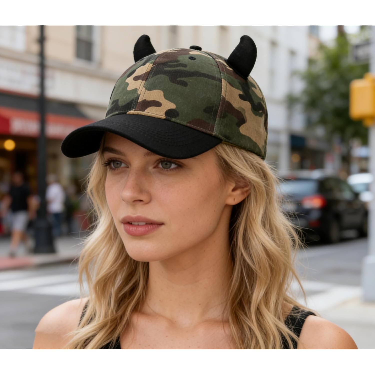 Unisex Camouflage Baseball Cap Outdoor Adjustable Devil Horn Trucker Hat for Halloween Cosplay Party Camouflage