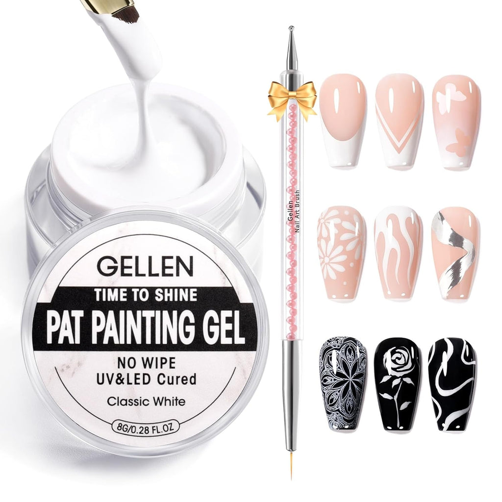 GELLEN White Pat Painting Gel, Gel Paint for Nails, French Nail Art, No Wipe Drawing Striping Liner Painted Aura Ombres Gradient Nails, Soak Off Nail Art with Dotting Pen for DIY Salon Manicure