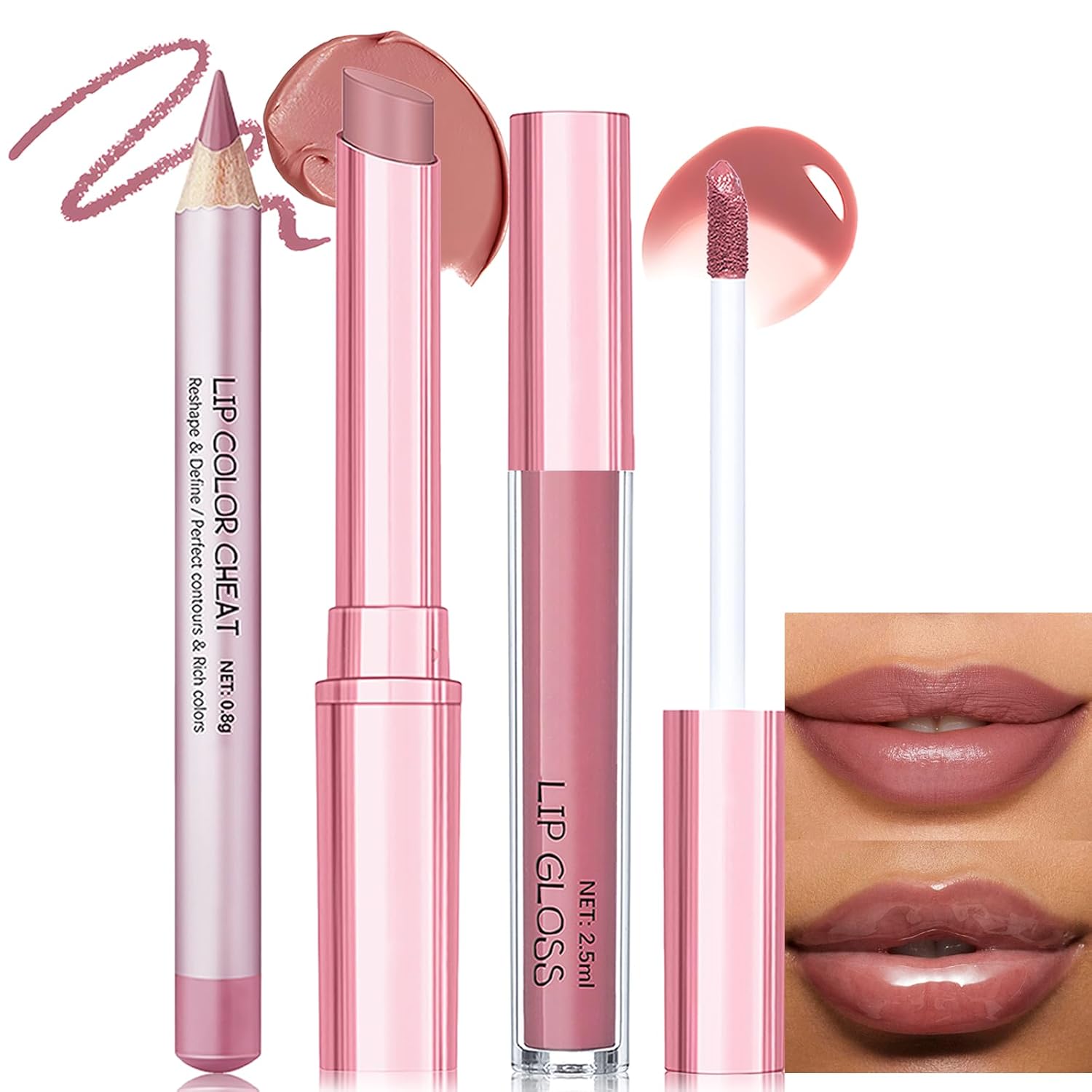 Nude Pink Lip Kit - Matte Lipstick Cream Lip Liner and Gloss Set High Pigment Plumping Lip Pencil Moisturizing Lightweight Liquid Lipstick Smooth Buildable Long Lasting Lip Combo Makeup