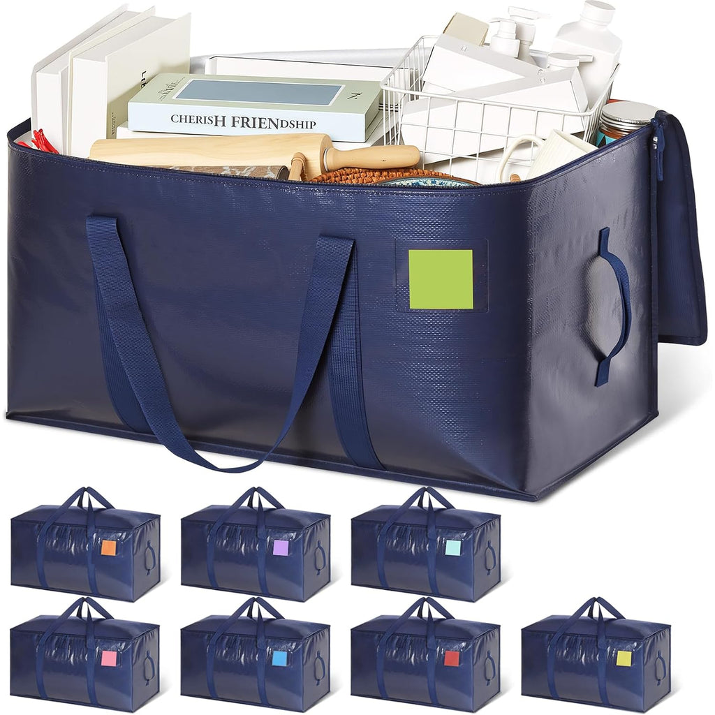 Heavy Duty Moving Bags Extra Large, Premium Storage Bags With Durable Zippers, Reinforced Handles, Moving Supplies For Clothes, Bedding, College Dorm Essentials, 8 Pack Blue