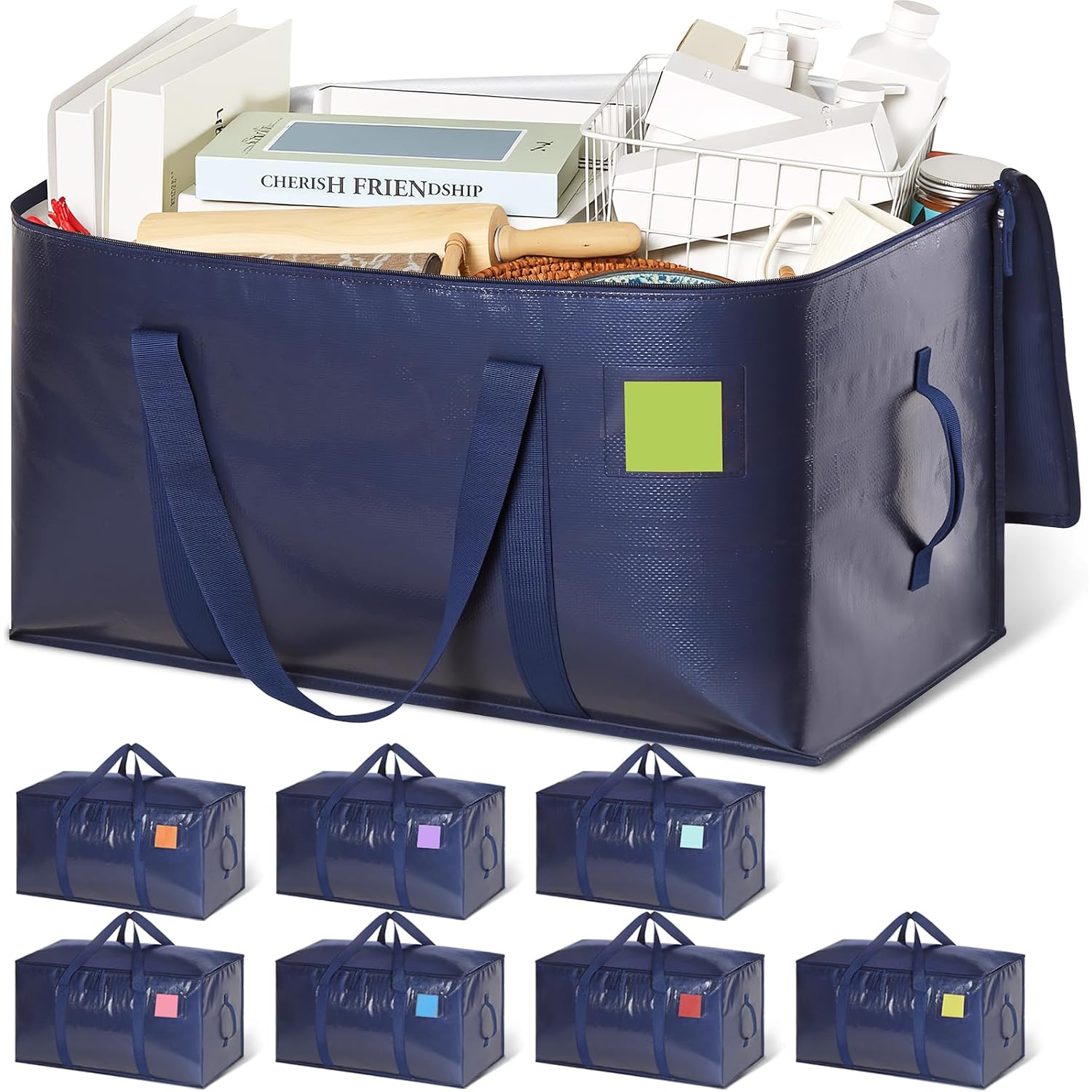 Heavy Duty Moving Bags Extra Large, Premium Storage Bags With Durable Zippers, Reinforced Handles, Moving Supplies For Clothes, Bedding, College Dorm Essentials, 8 Pack Blue