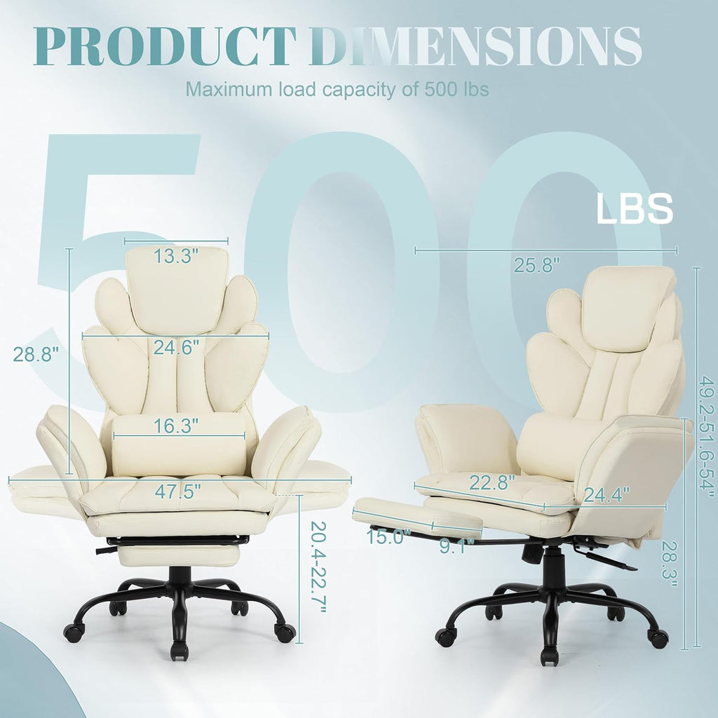 Flip Armrests Criss Cross Office Chair, Reclining Office Chair With Foot Rest, Adjustable Headrest, Massage Waist Pillow, Cross Legged Big And Tall Desk Chair Wide Seat Vanity Chair, White Pu Leather
