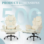 Flip Armrests Criss Cross Office Chair, Reclining Office Chair With Foot Rest, Adjustable Headrest, Massage Waist Pillow, Cross Legged Big And Tall Desk Chair Wide Seat Vanity Chair, White Pu Leather