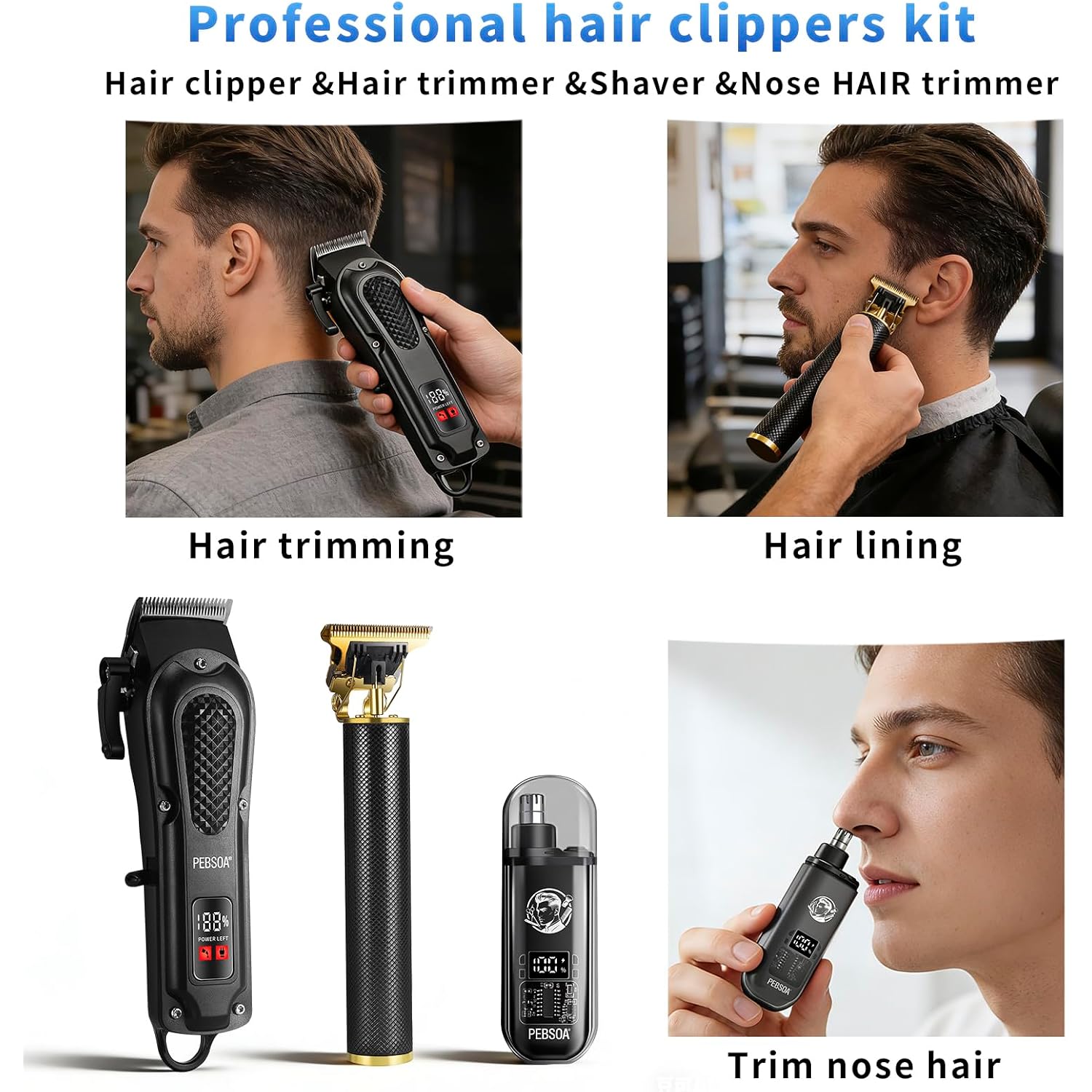 Pebsoa® Professional Men'S Hair Trimmer Set, Cordless Hair Clippers For Men, Includes A T-Shaped Trimmer And A Nose Hair Trimmer,Lcd Battery Level Display（Black）