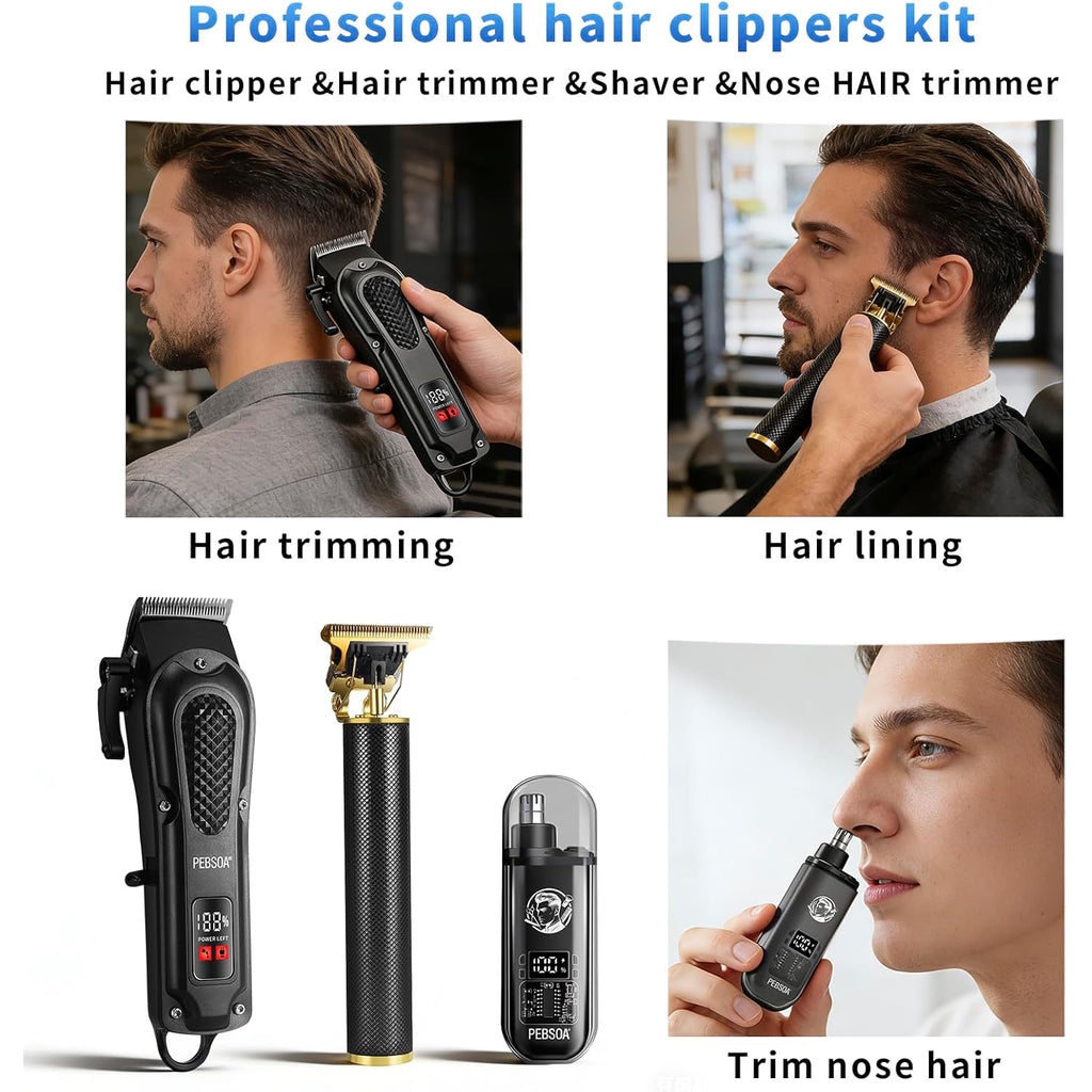 Pebsoa® Professional Men'S Hair Trimmer Set, Cordless Hair Clippers For Men, Includes A T-Shaped Trimmer And A Nose Hair Trimmer,Lcd Battery Level Display（Black）