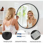 Bathroom Mirror for Wall, 24 Inch Round Mirror, Matte Black Metal Framed Circle Vanity Mirror for Bathroom Bedroom Living Room Entryway, Anti-Rust, Tempered Glass, Hanging or Leaning