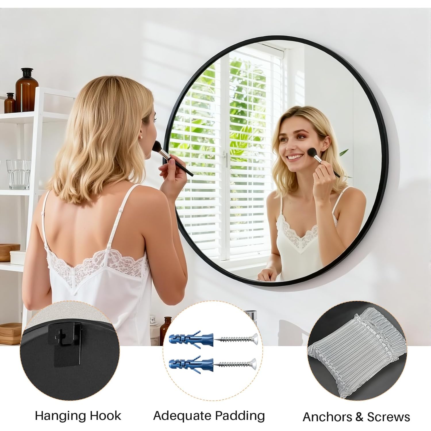 Bathroom Mirror for Wall, 24 Inch Round Mirror, Matte Black Metal Framed Circle Vanity Mirror for Bathroom Bedroom Living Room Entryway, Anti-Rust, Tempered Glass, Hanging or Leaning