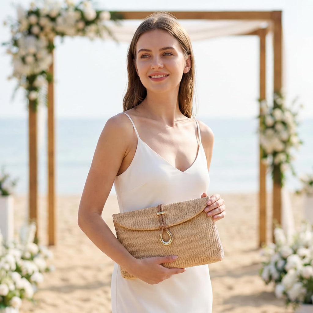 CHUNLI Woven Straw Clutch Bag for Women, Raffia Crossbody Handbag with Detachable Strap, Summer Beach Vacation Boho Purse