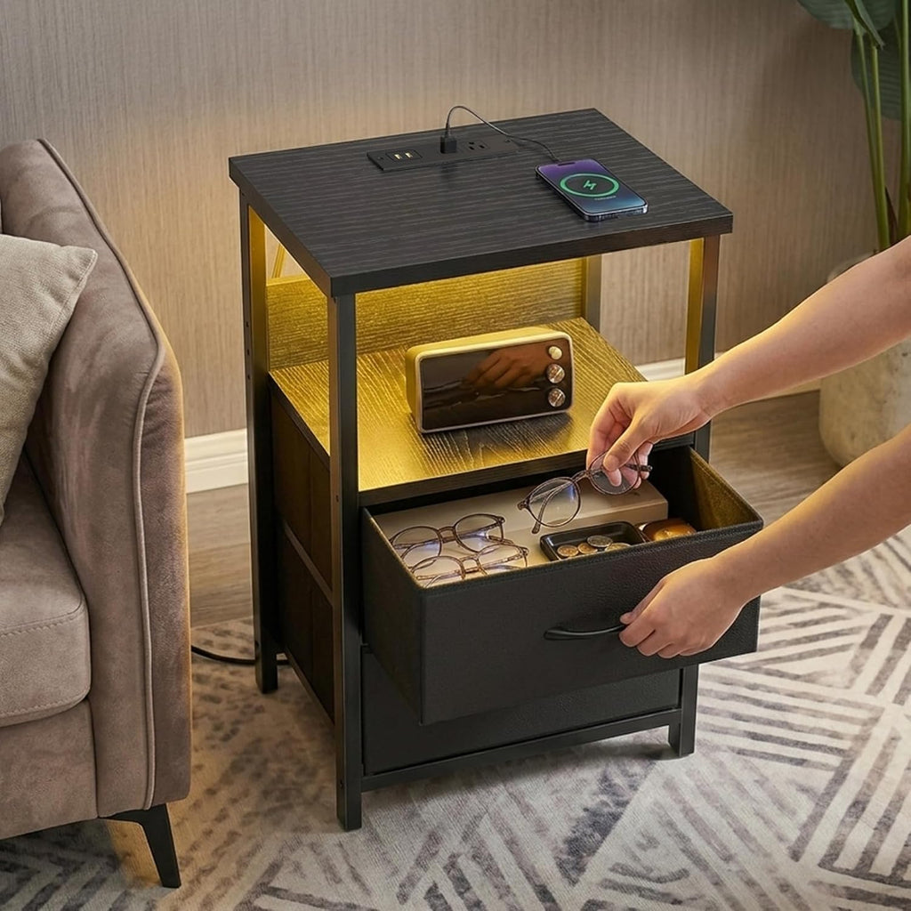 Fixwal Night Stand with Charging Station, LED Nightstand with U-S-B Ports and Outlets for Small Spaces, 2 Fabric Storage Drawers, Bedside Table End Tables Bedroom Decor, Modern Black