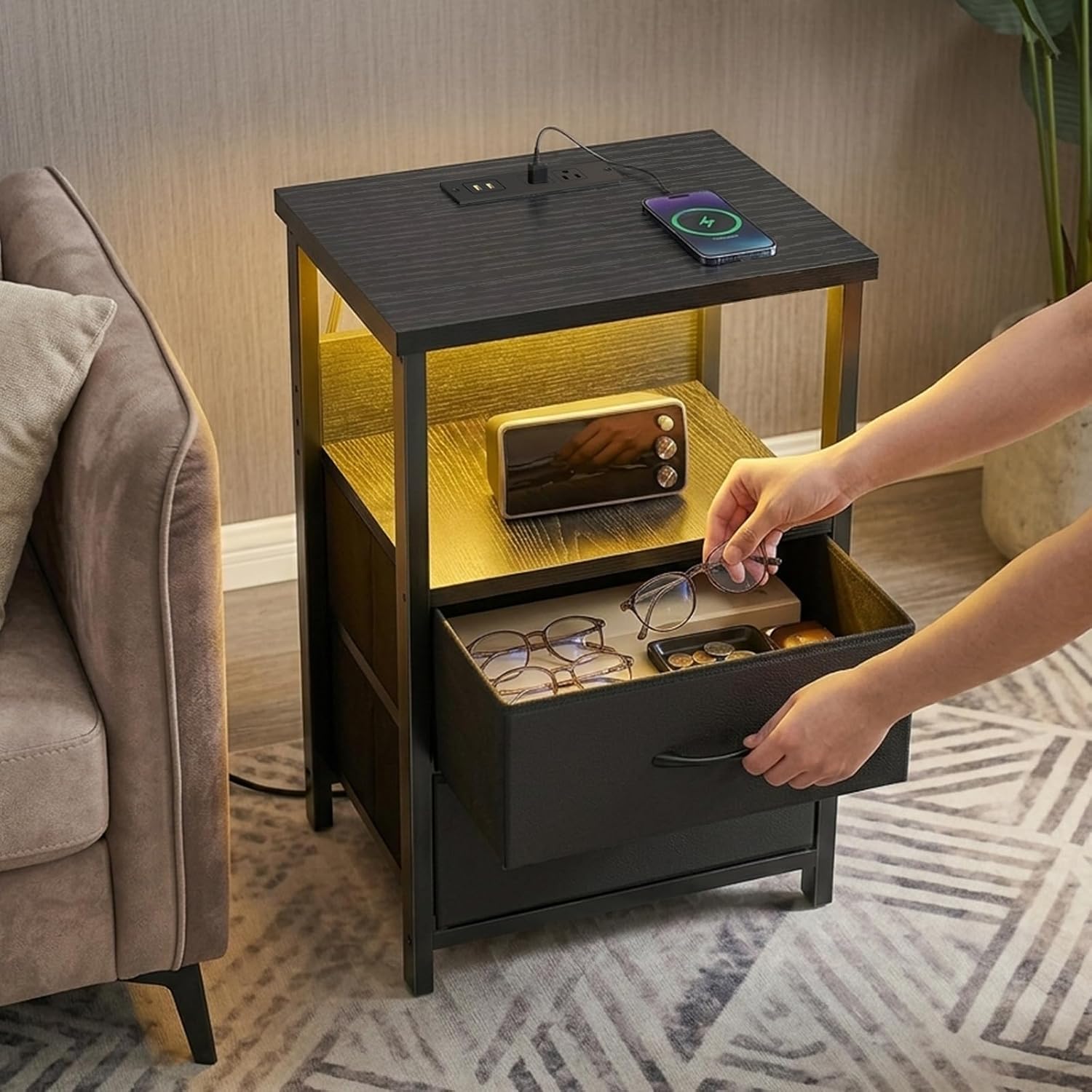 Fixwal Night Stand with Charging Station, LED Nightstand with U-S-B Ports and Outlets for Small Spaces, 2 Fabric Storage Drawers, Bedside Table End Tables Bedroom Decor, Modern Black