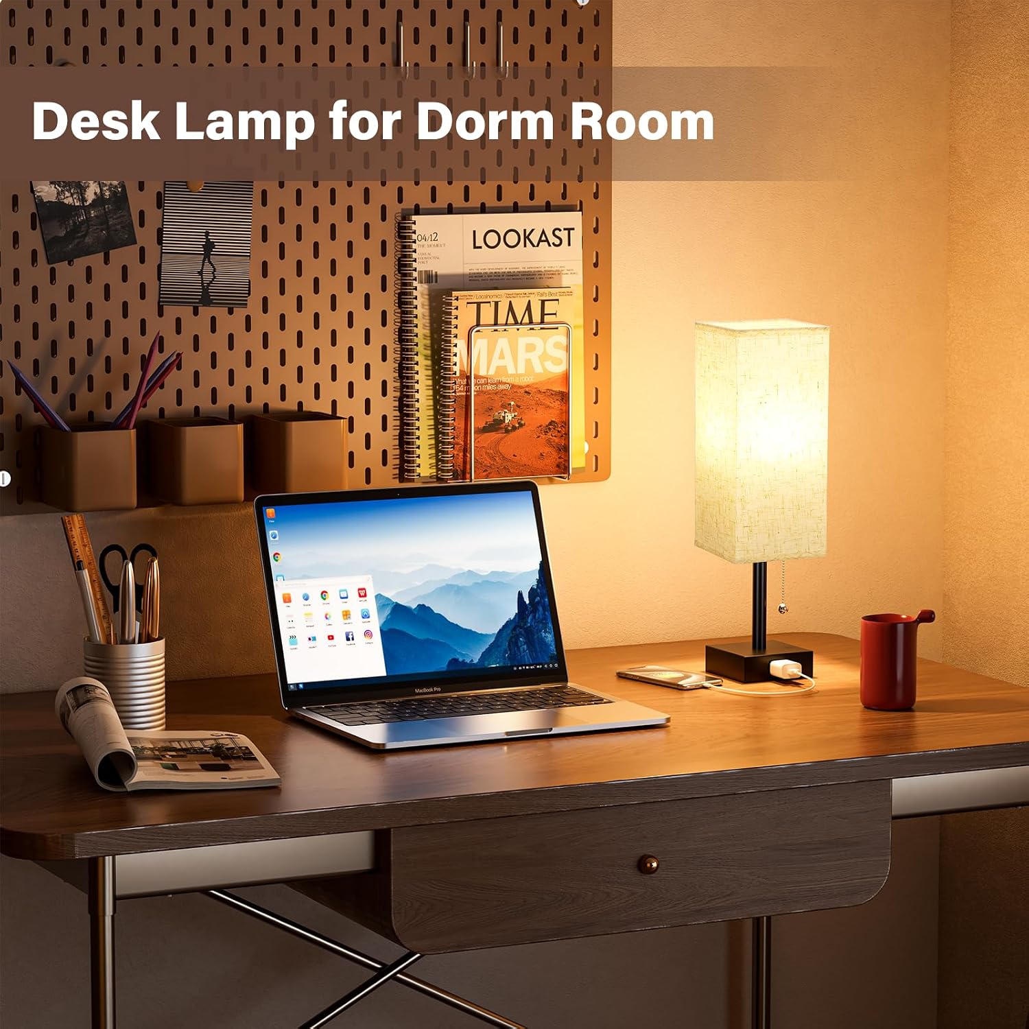Bedside Table Lamps For Bedroom Set Of 2 - Small Rectangular Nightstand Lamp With Ac Outlet Charging Port, 3 Color Temperatures Desk Light With Bulb, Tabletop Reading Lamp For Living Room/Dorm/Office