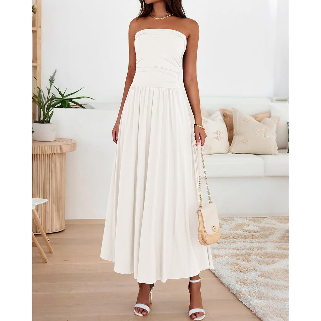 Btfbm Summer Maxi Dresses For Women 2026 Strapless Ruched Tube Top Beach Vacation Spring Wedding Guest Dress Pockets