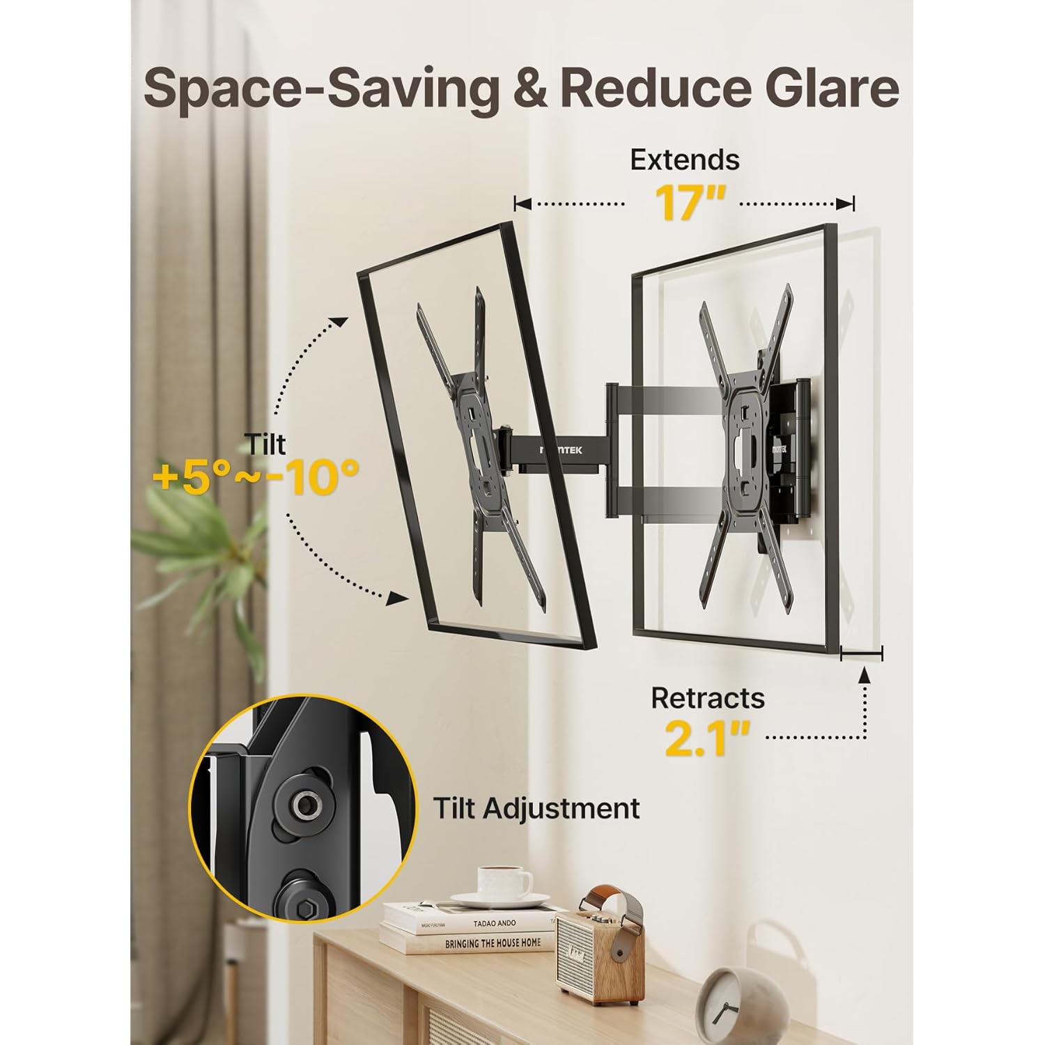 monTEK Full Motion TV Wall Mount for 23–65 Inch Flat & Curved TVs and Monitors, Swivel & Tilt Articulating Bracket, Max VESA 400x400mm, Holds up to 77 lbs, Perfect Center Design