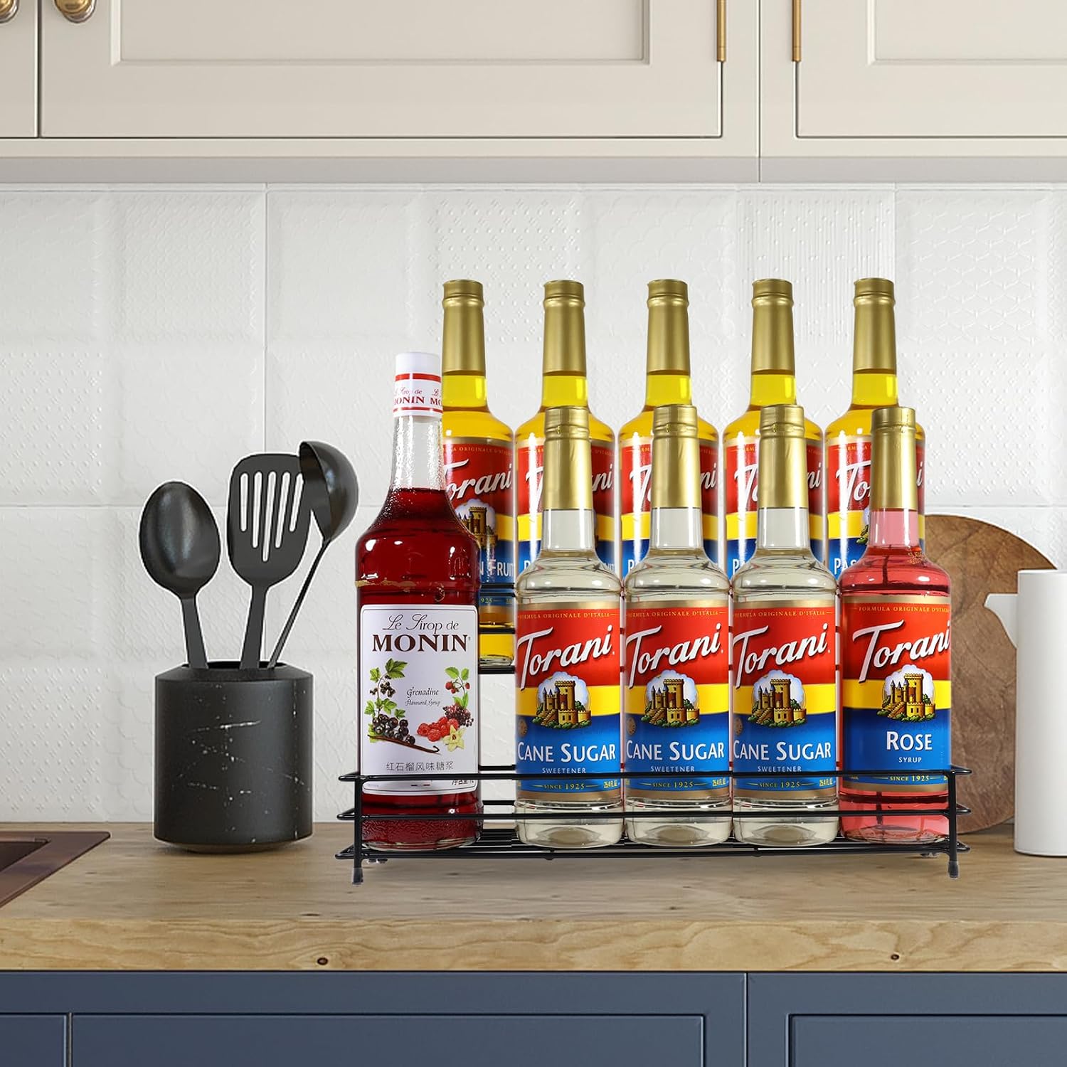 Coffee Syrup Organizer Rack, 2 Tier Coffee Syrup Stand Holder For Coffee Bar, 10 Bottles Wine Bottle Holder, Coffee Station Organizer Storage Shelf For Cocktail, Dressing, Coffee Bar Accessories