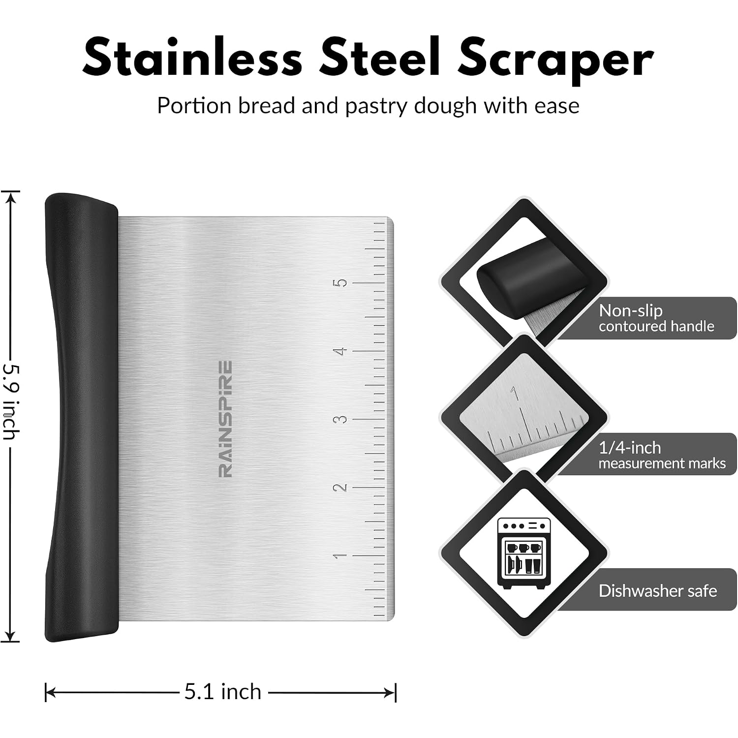 Bench Scraper, Stainless Steel Dough Scraper, Pastry Scraper, Pizza And Dough Cutter Multi-Purpose Scraper/Chopper, Pizza Cutter Food Chopper Baking Supplies Kitchen Gadgets, Black