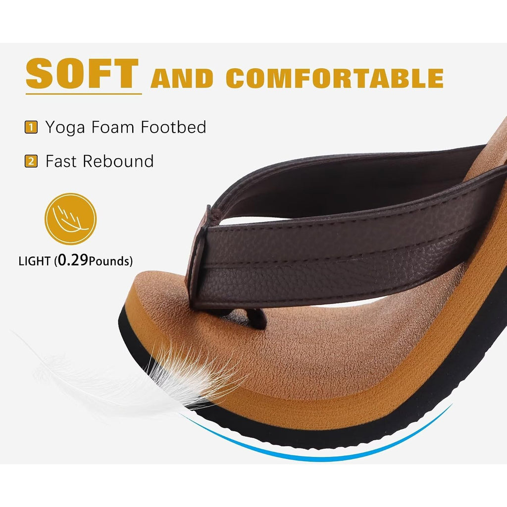 Kuailu Men'S Yoga Mat Leather Flip Flops With Arch Support Comfortable Cushion Walking Thong Sandals Slip On Indoor Outdoor