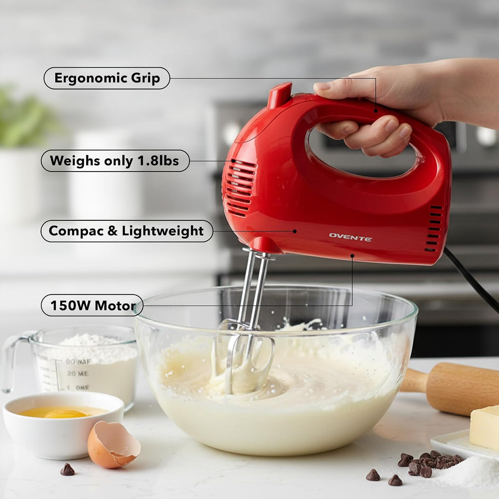 Ovente 5-Speed Corded Electric Hand Mixer With Stainless Steel Whisks, Compact Portable Design With Snap-On Storage Case,150W Lightweight Handheld Mixer For Baking & Cooking, Red Hm151R