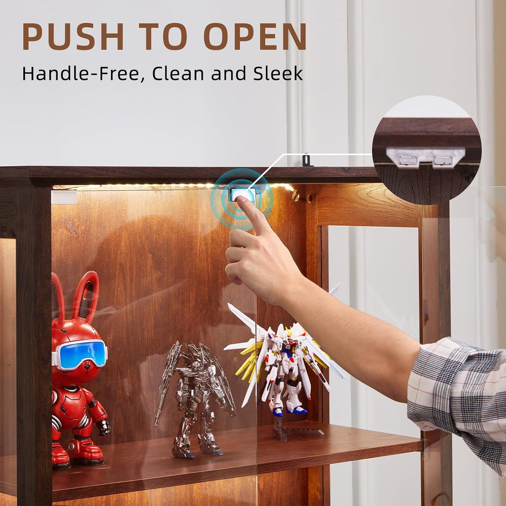 Farmhouse Glass Display Cabinet With Lock, Walnut | Wooden Curio Cabinets With Glass Doors, 3-Color Motion-Sensor Light & Reinforced Base