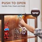 Farmhouse Glass Display Cabinet With Lock, Walnut | Wooden Curio Cabinets With Glass Doors, 3-Color Motion-Sensor Light & Reinforced Base
