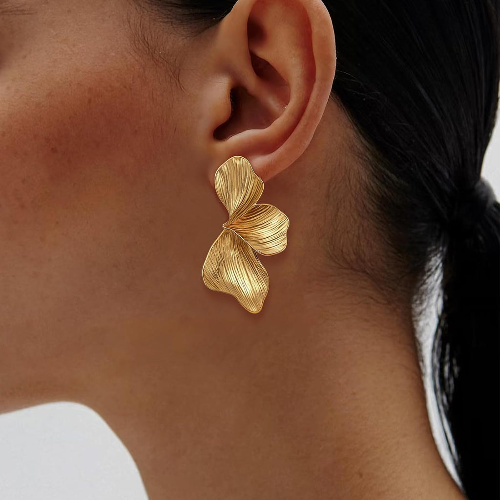 OGD Chunky Gold Statement Earrings For Women Trendy Gold Plated Sectored Flower Leaf Angel Wing Earrings Large Stud Jewlery Hypoallergenic