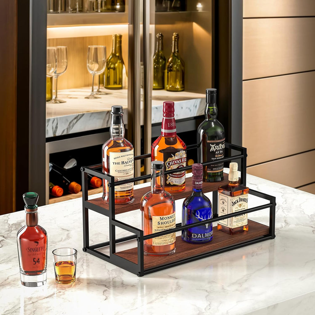 Thygiftree Liquor Bottle Display Shelf, 2 Tier Coffee Syrup Rack Organizer & Bar Shelf Stand For Liquor, Whiskey, Olive Oil, Kitchen Counter & Home Bar Storage