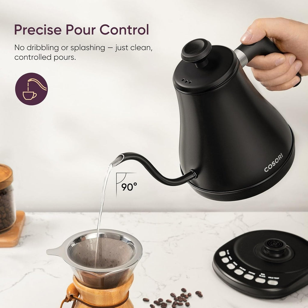 Cosori Electric Gooseneck Kettle with 5 Temperature Control Presets, Pour Over Kettle for Coffee & Tea, Hot Water Boiler, 100% Stainless Steel Inner Lid & Bottom, 1200W, 0.8L, Black