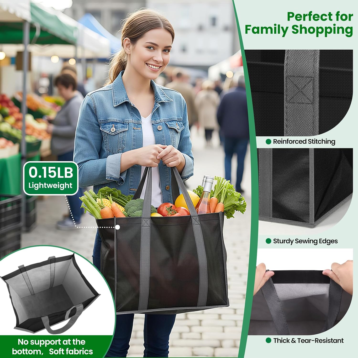 Spacewhisper Reusable Grocery Bags With Long Handles [3 Pack] - Multipurpose Shopping Bags For Groceries, Foldable Grocery Totes Resist Water & Stains For Kitchen, Car Trunk, Picnic (Black)