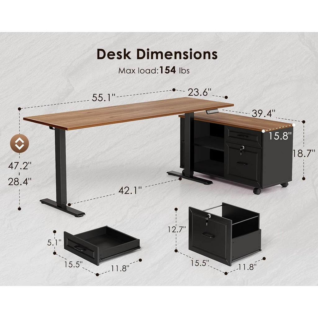 55 Inch L Shaped Electric Standing Desk With Drawers & File Cabinet Sets, Executive Sit Stand Desk, Height Adjustable Computer Desk For Home Office, Writing, Workstation, Walnut+Black