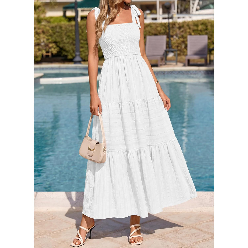 Btfbm Women'S 2026 Summer Boho Spaghetti Strap Dress Casual Sleeveless Smocked A Line Beach Sundress Long Maxi Dresses