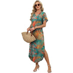 Wiholl Summer Dresses For Women Short Sleeve Maxi Dresses V Neck Sundress With Side Slit Pockets Casual Beach Dress