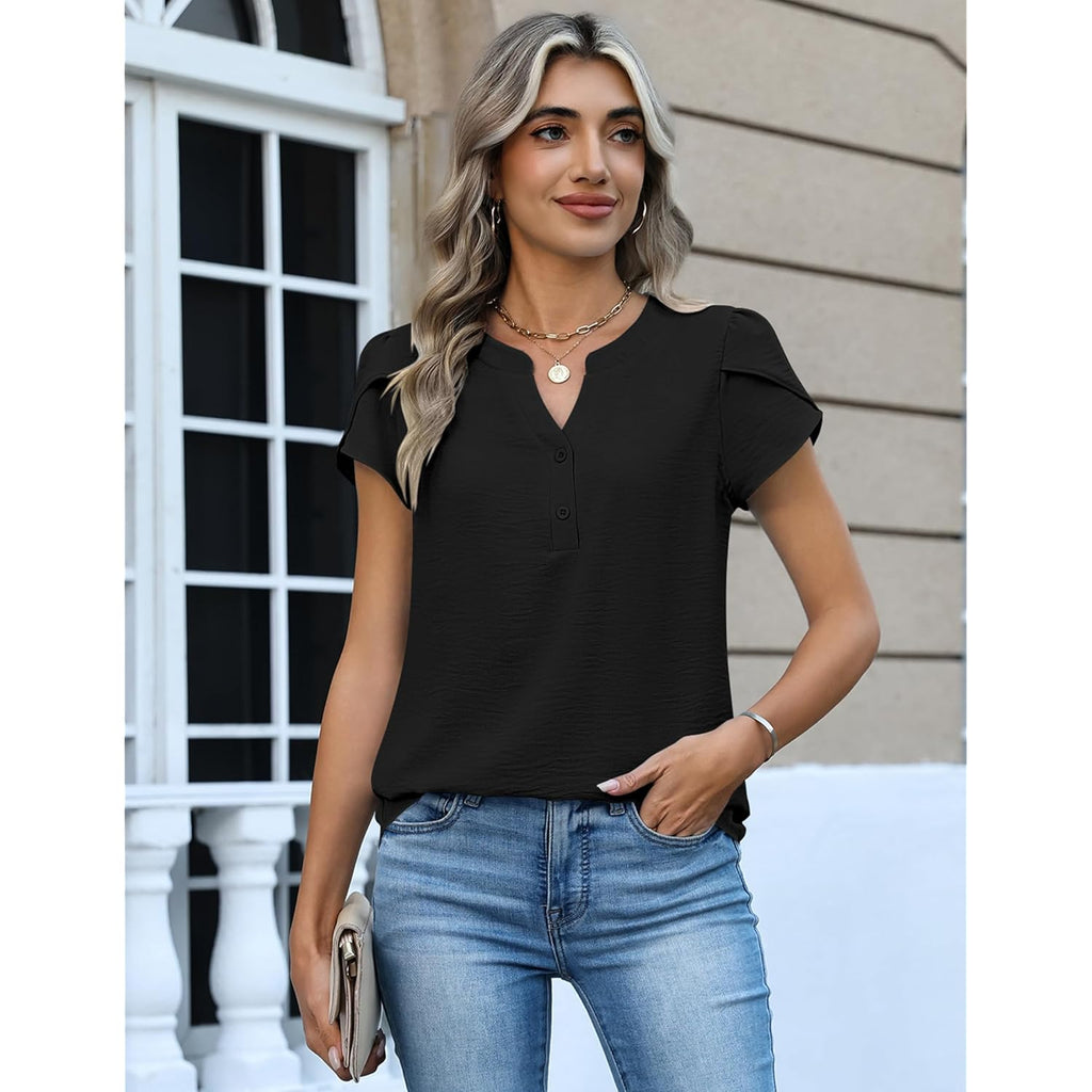 Womens Tops Dressy Casual Textured Blouses Cap Short Sleeve Shirts V Neck Button Up Summer Spring Work Tshirt Clothes