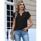 Womens Tops Dressy Casual Textured Blouses Cap Short Sleeve Shirts V Neck Button Up Summer Spring Work Tshirt Clothes